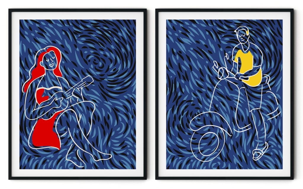 Set of 2 blue white line drawing boy and girl