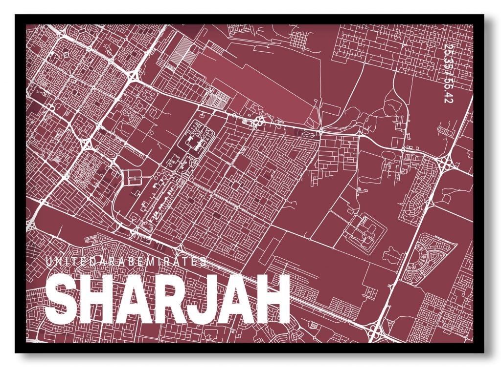 Red poster map of sharjah