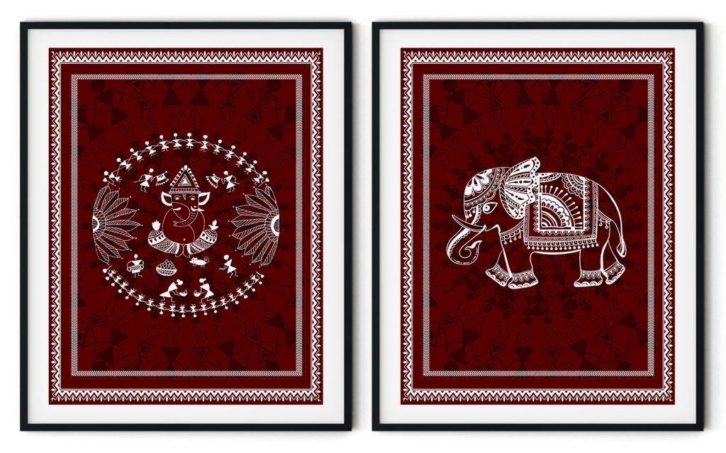 Set of 2 traditional warli ganpati and hathi