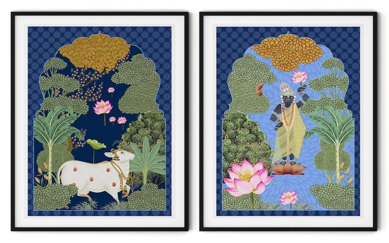 Set of 2 traditional vintage cow and shrinathji