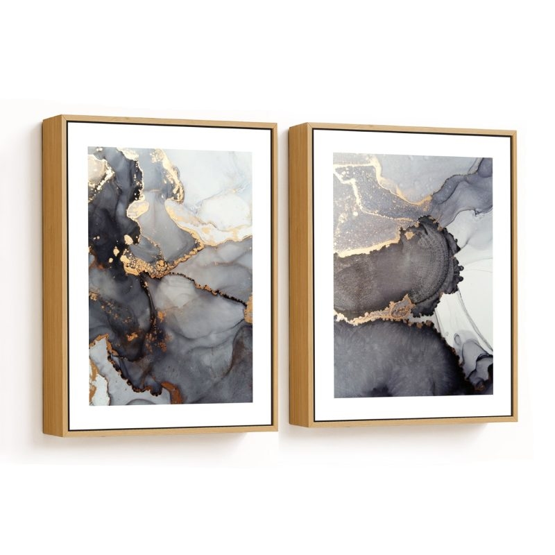 Set of 2 fluid ink grey golden abstract painting