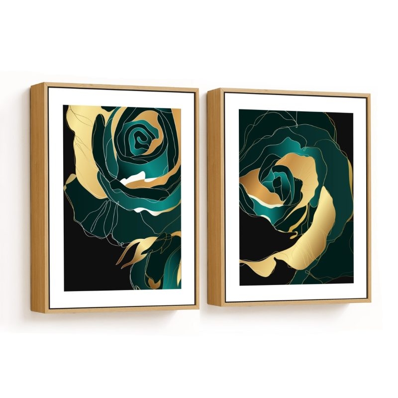 Set of 2 abstract green golden flowers