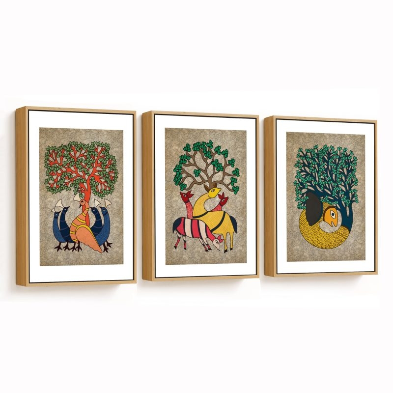 Set of 3 mor,barahsingha and mashli gond art