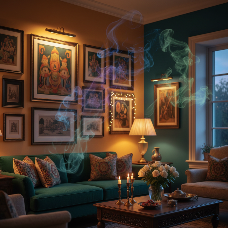 Indian living room with wall art and invisible toxic fumes rising from wall décor