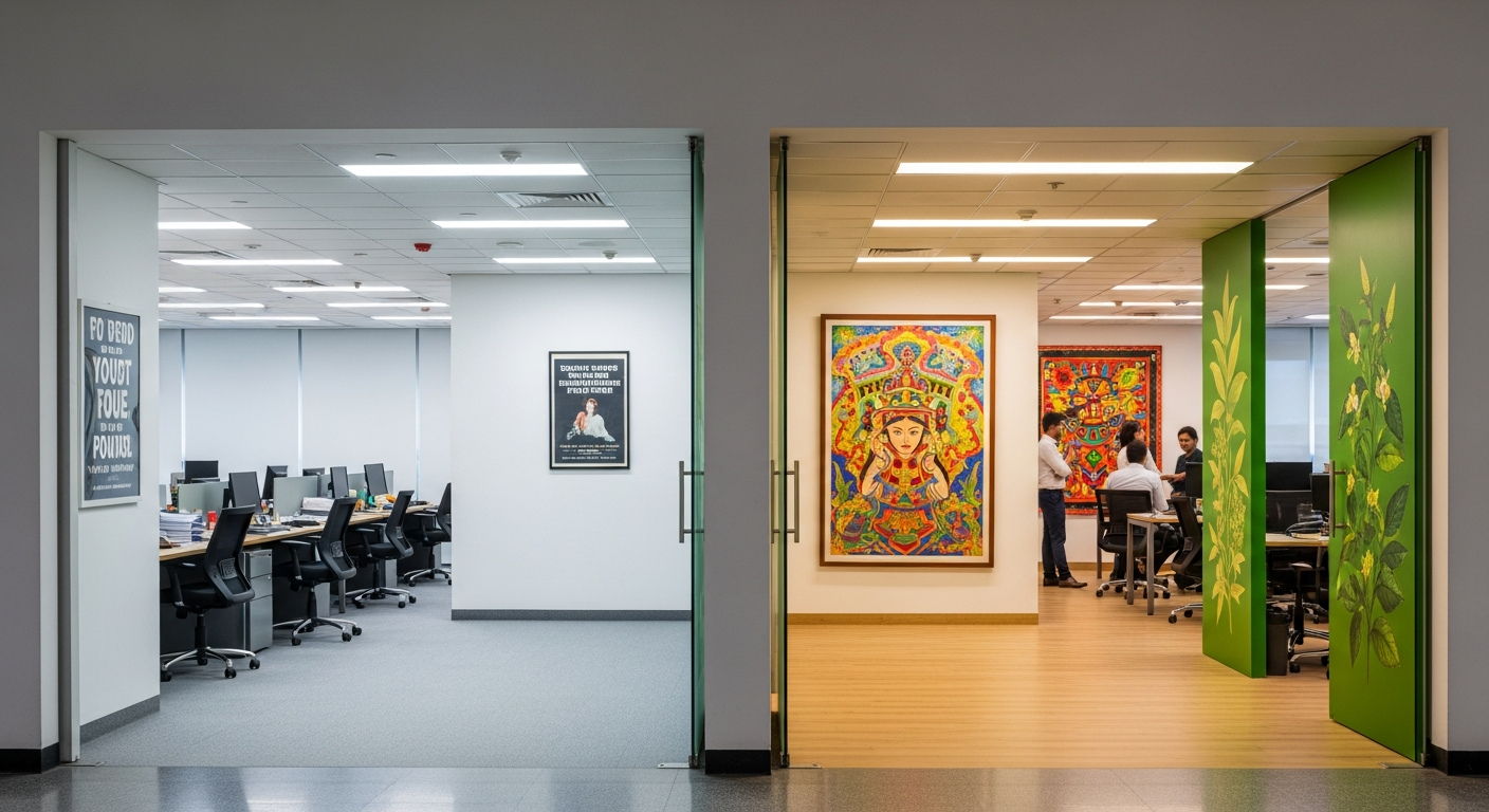 Split view of two offices — one bare and sterile, the other warm with botanical art, folk paintings, and macramé wall hangings